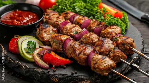kebab made of minced meat on metal skewer with vegetables and sauce on dark wooden   
