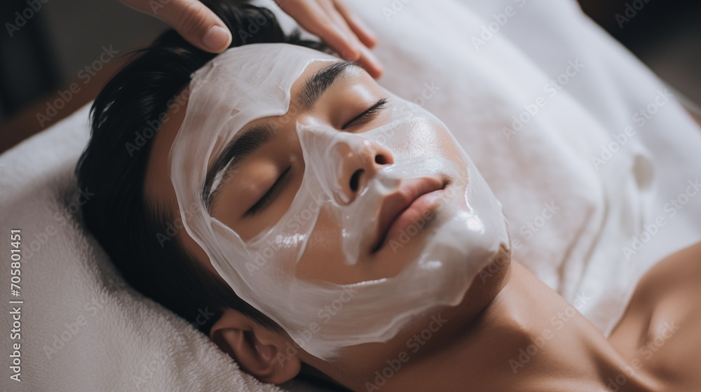 Facial skin care procedures in a beauty. Beauty treatment, scrup, applies mask, man, Generated AI Facial skin care procedures in a beauty. Beauty treatment, scrup, applies mask, man, Generated AI