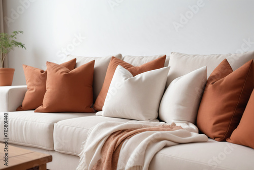 Close up of fabric sofa with white and terra cotta pillows. Country home interior design of modern living room