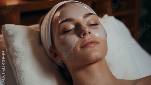 Facial skin care procedures in a beauty. Beauty treatment, scrup, applies mask, womanlays on the coach for beauty procedures, Generated AI