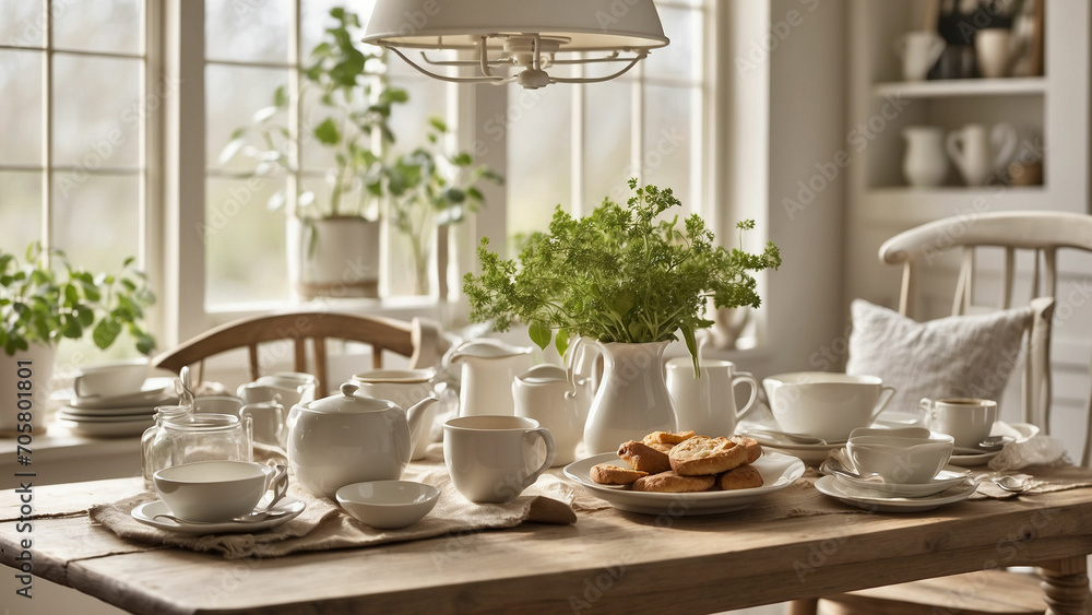 Fototapeta premium Photo the essence of a tranquil breakfast scene at farmhouse kitchen table it's a simple cup of coffee or a hearty breakfast spread