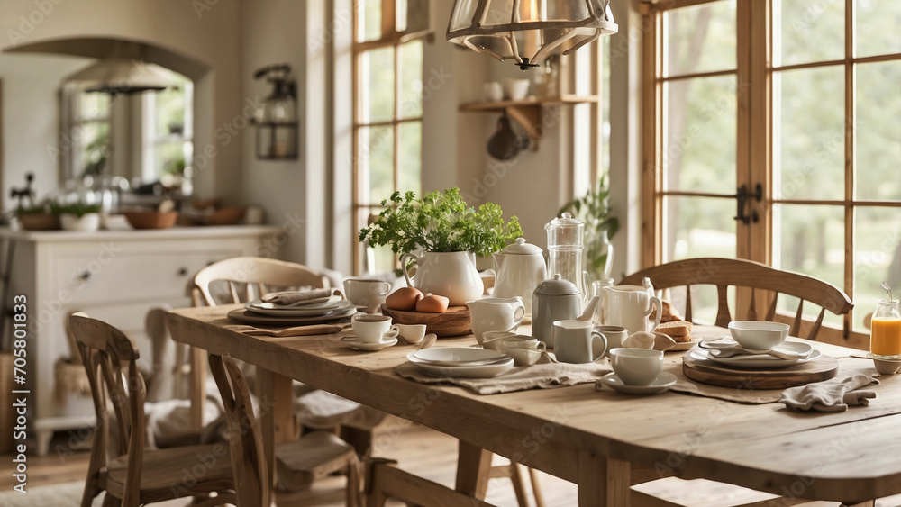 Photo the essence of a tranquil breakfast scene at farmhouse kitchen table it's a simple cup of coffee or a hearty breakfast spread