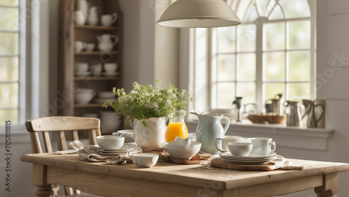 Photo the essence of a tranquil breakfast scene at farmhouse kitchen table it's a simple cup of coffee or a hearty breakfast spread