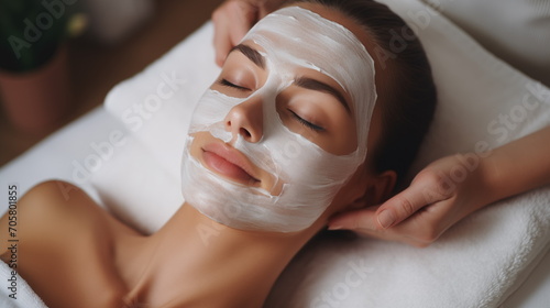 Facial skin care procedures in a beauty. Beauty treatment, scrup, applies mask, womanlays on the coach for beauty procedures, Generated AI