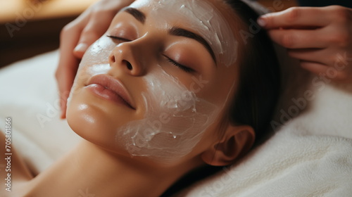 Facial skin care procedures in a beauty. Beauty treatment, scrup, applies mask, womanlays on the coach for beauty procedures, Generated AI