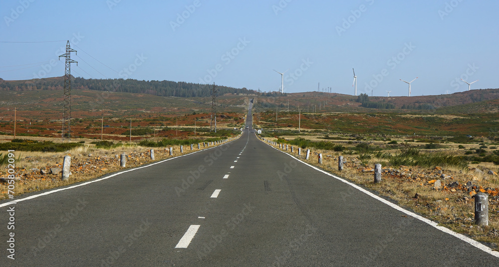 Straight road ER110 on a high plateau of Madeira island, Portugal Straight road ER110 on a high plateau of Madeira island, Portugal