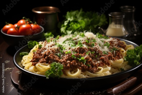  a plate of pasta with meat and parmesan cheese on a wooden table next to tomatoes, parsley, and pepper shakers on a dark wooden table.