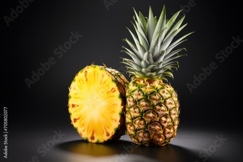  a pineapple cut in half sitting next to a cut in half pineapple on a black background with a reflection of the whole pineapple in the foreground.