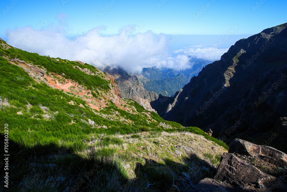 Mountainous landscape at the center of Madeira island (Portugal) near the Pico do Arieiro peak, which is the third highest summit of the island