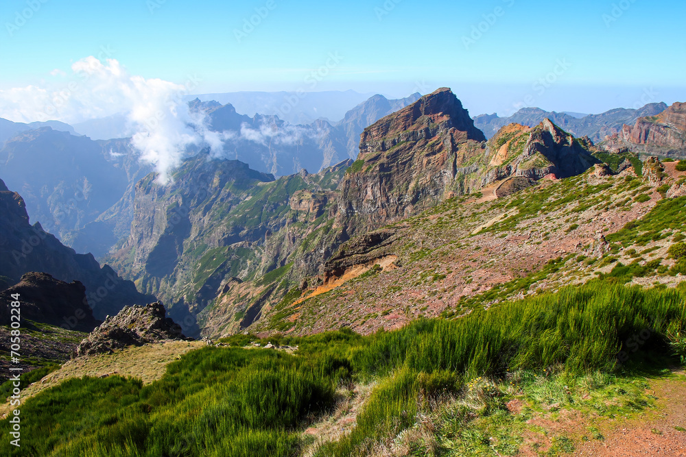 Fototapeta premium Mountainous landscape at the center of Madeira island (Portugal) near the Pico do Arieiro peak, which is the third highest summit of the island