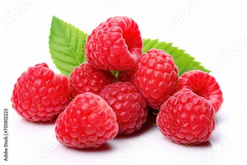 a bunch of raspberries with green leaves on a white background with a shadow of the raspberries on the left side of the raspberries has a green leaf.