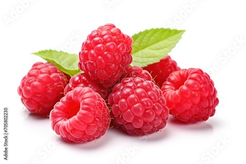  a pile of raspberries with leaves on a white background with a green leaf on top of the raspberries and the rest of the raspberries.