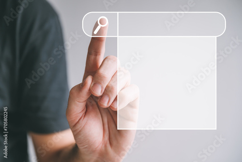Male finger pushing Search button on virtual screen, SEO search engine optimization and data searching technology concept