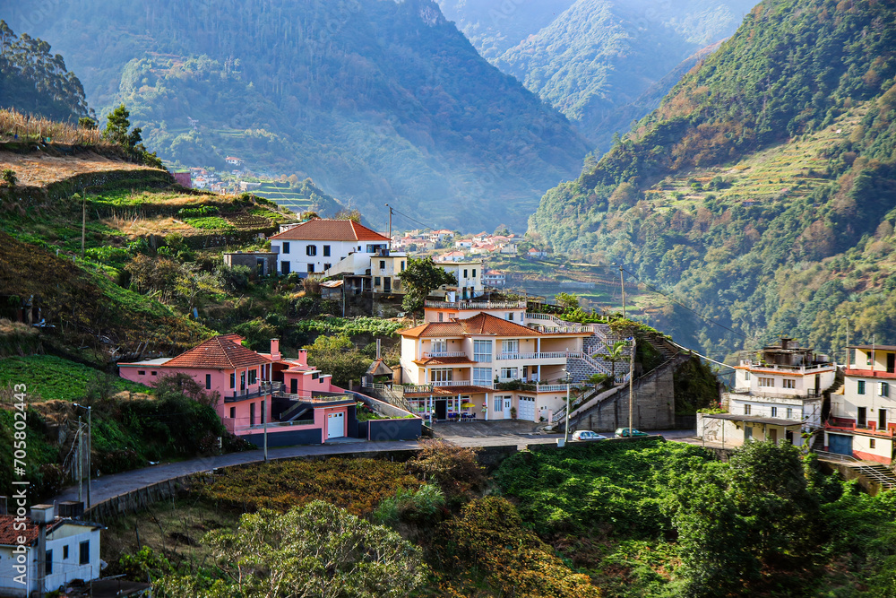 Hillside traditional houses in Boaventura, a village in a valley of the north coast of Madeira island (Portugal) in the Atlantic Ocean