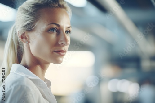 Professional blonde woman with a focused gaze, embodying confidence and determination in a corporate or entrepreneurial setting.