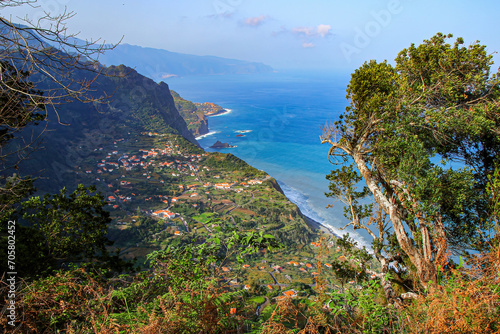 Aerial view of Arco de Sao Jorge seaside village from the Beira da Quinta viewpoint on the north coast of Madeira island (Portugal) in the Atlantic Ocean