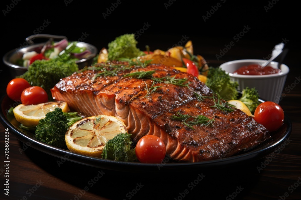 a plate of food with salmon, broccoli, tomatoes, lemons, tomatoes, and a side of ketchup and ketchup on a wooden table. a plate of food with salmon, broccoli, tomatoes, lemons, tomatoes, and a side of ketchup and ketchup on a wooden table.