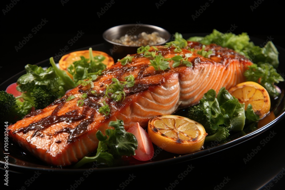  a plate of salmon, lettuce, and oranges on a black plate with a side of rice and a small bowl of dipping sauce on the side.