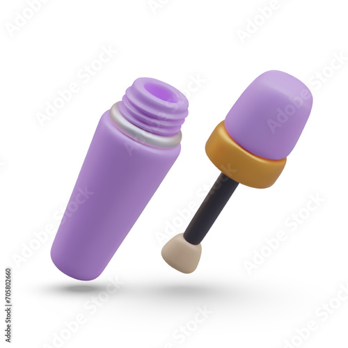 Long narrow bottle and brush. Face concealer. Decorative makeup product and tool for its application. Purple packaging without marking. Set of isolated 3D objects in cartoon style