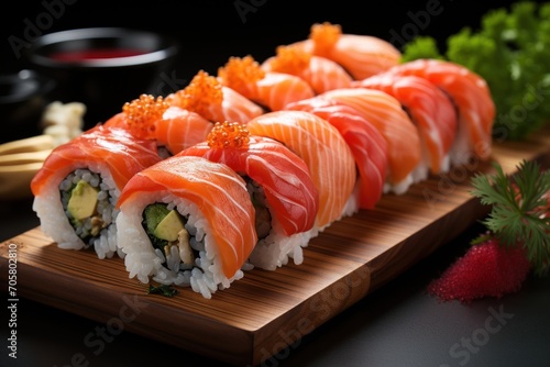  a close up of sushi on a cutting board with chopsticks and garnishes next to a bowl of sauce and a strawberries on the side.