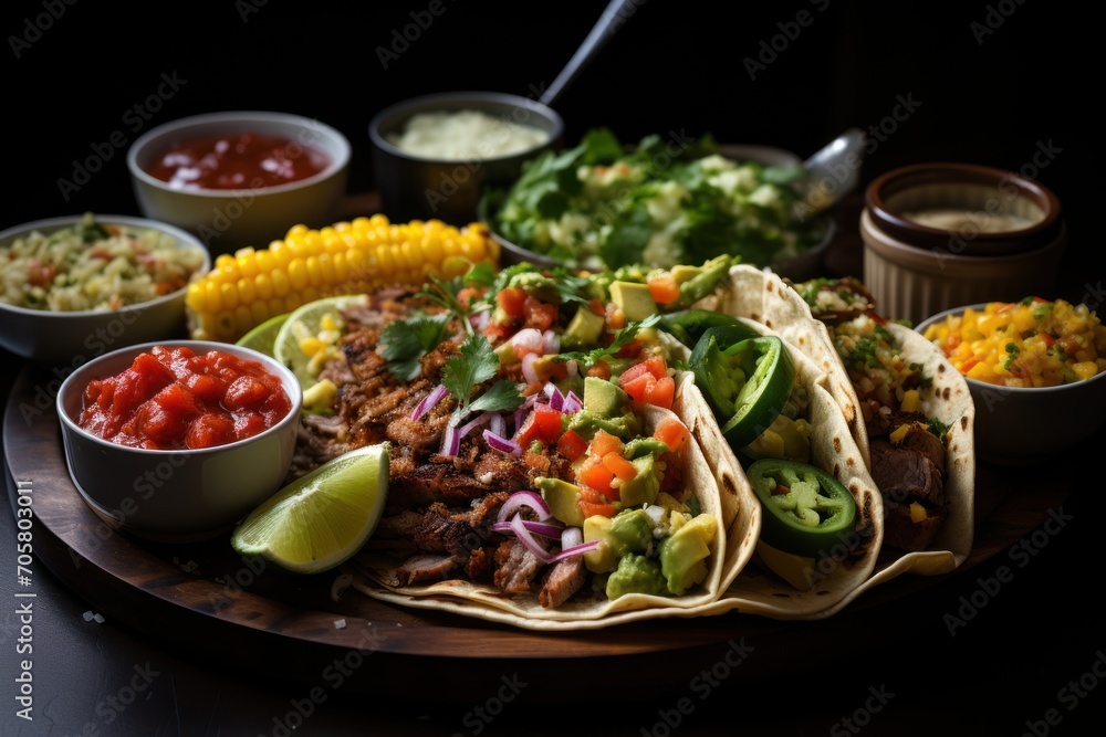  a plate of tacos, corn, salsa, and corn on the cob with salsa and corn on the cob on the side and salsa on the side.