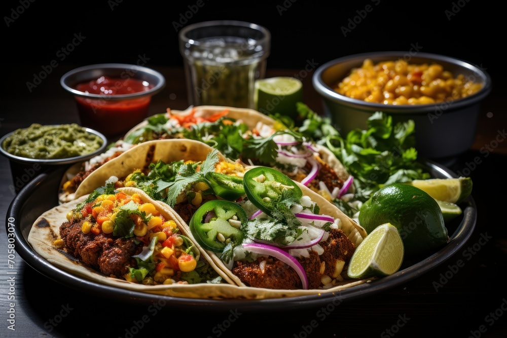  a plate filled with tacos, salsa, corn, and guacamole next to a bowl of guacamole and a glass of salsa sauce.