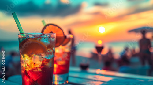 ビーチパーティーの人々とカラフルな夕焼けの海空を使った明るいカクテルドリンクGenerativeAI photo