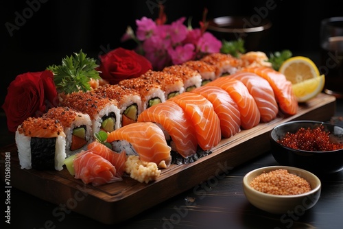  a sushi platter with salmon, cauliflower, and cauliflower garnished with sesame seeds and garnished with a side of red roses.