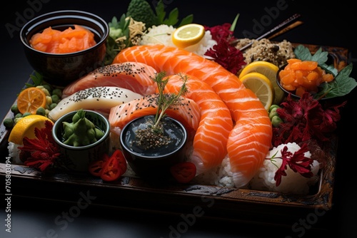  a platter of sushi, sashimi, sashimi, and sashimi on a wooden tray with oranges, lemons, carrots, and other vegetables.