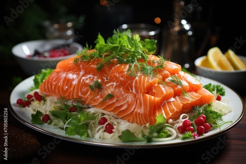  a plate of salmon on a bed of lettuce, garnished with herbs and garnished with pomegranates and garnishes.