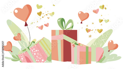Happy Valentine's Day, heart-shaped balloons and falling gift boxes