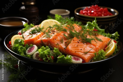  a plate of salmon on a bed of lettuce and garnished with lemon slices and garnished with cranberries and garnishes.