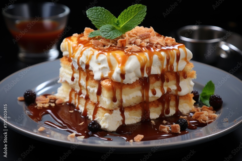 a piece of cake sitting on top of a plate covered in caramel sauce and whipped cream and garnished with a leaf of mint on top of leaves. a piece of cake sitting on top of a plate covered in caramel sauce and whipped cream and garnished with a leaf of mint on top of leaves.