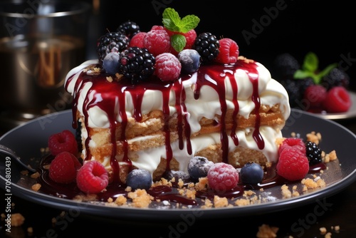  a cake with berries, raspberries, and a drizzle of icing is on a plate with a fork and a cup of coffee in the background.