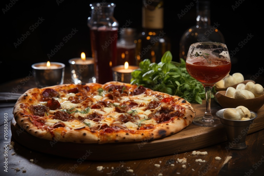  a pizza sitting on top of a wooden cutting board next to a glass of wine and a plate of food next to a bottle of wine and some appetizers.