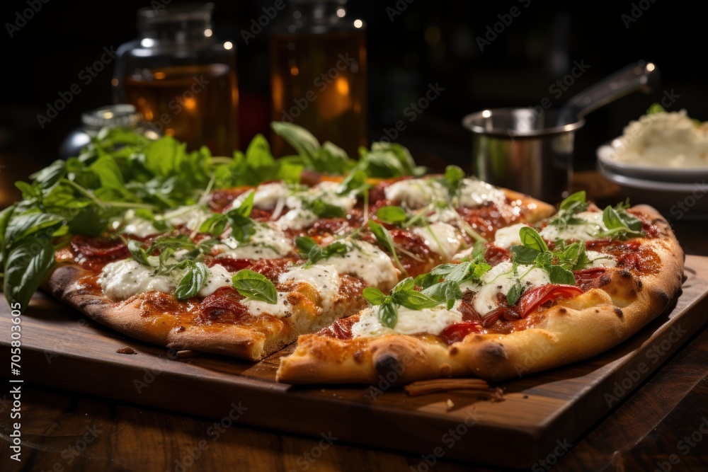  a pizza sitting on top of a wooden cutting board next to a glass of beer and a plate of mashed potatoes and spinach on a wooden cutting board.