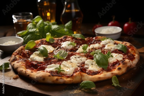  a pizza sitting on top of a wooden cutting board next to a bowl of sauce and a glass of beer next to a bowl of cheese and basil on a cutting board.