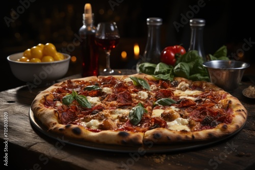  a pizza sitting on top of a wooden table next to a bowl of fruit and a bowl of olives and a glass of wine on the side of the table.