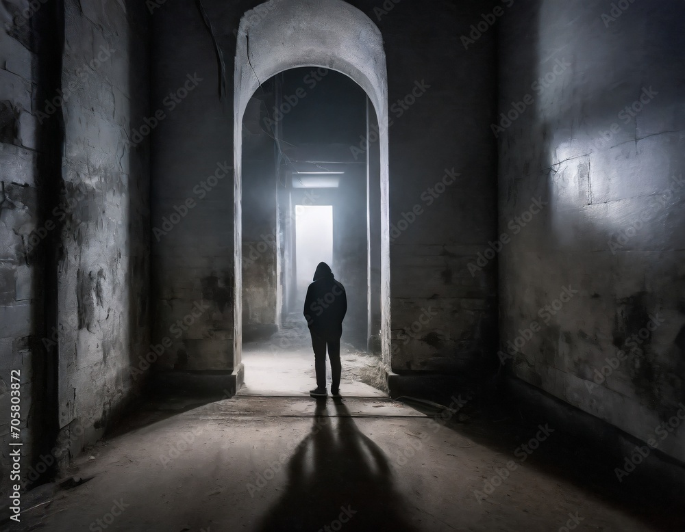 Firefly silhouette of man standing in an eerie corridor wearing hoodie Firefly silhouette of man standing in an eerie corridor wearing hoodie