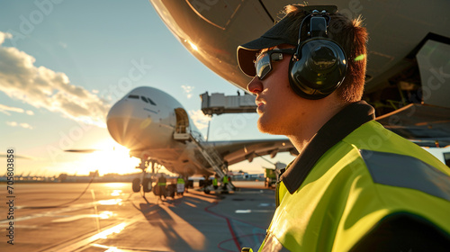 Side view of a serious airport worker in sunglasses and headphones staring into the distance. Blue sky and passenger plane on blurred background. - Generative AI. photo