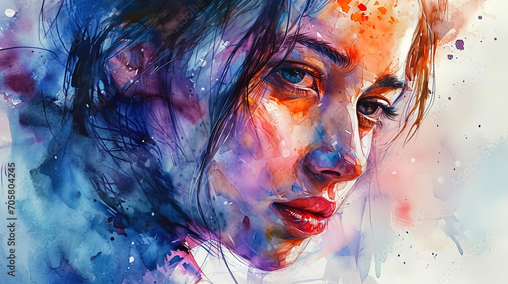 A watercolor portrait of a girl with an exciting look creating an atmosphere of mystery
