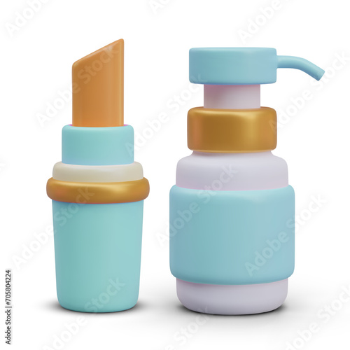Blue case with hygienic lipstick and small plastic bottle with liquid soap. Body care products concept. Vector illustration in 3d style with white background