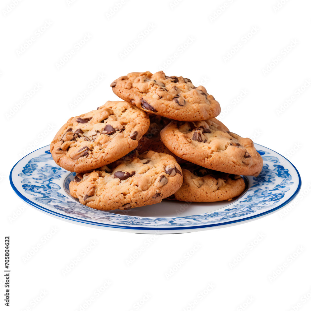 Chocolate cookies on a plate isolated on transparent background