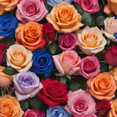 Seamless pattern. Roses of different colors is red  orange  blue  yellow  pink beautifully arranged top view. Theme is that the color of rose represents different meanings of love  Valentine s Day.