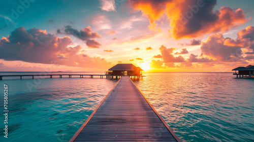 モルディブ島の自然の夕日、豪華な水上ヴィラ リゾートGenerativeAI photo