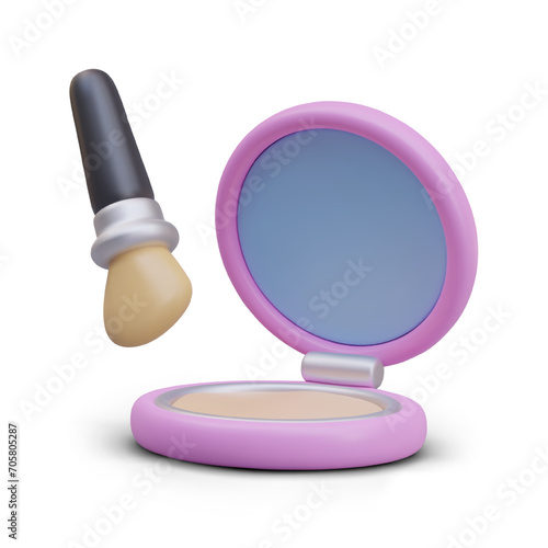 Open round powder case with mirror, makeup angled brush. Realistic concept on white background. Advertising template for online store of decorative cosmetics, makeup artist classes