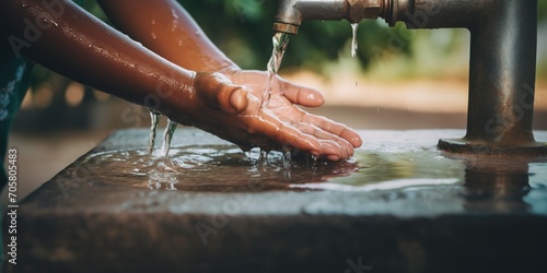 Close up of african child reaches out to a tap of clean water , concept of Child's thirst photo
