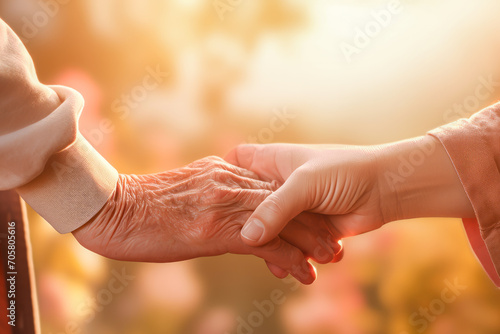 Young person's hand gently holds an elderly hand, symbolizing care, generational connection, family, support, love, or compassion, evoking feelings of hope, comfort and trust photo