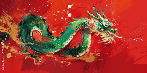 One Red Gold and Green Chinese Dragon Background - Full Body Ink Artistic Conception Abstract Painting - Red Background with Dragon created with Generative AI Technology
