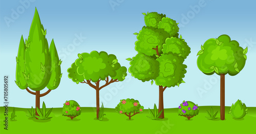 Vector set with cartoon trees and bushes. 